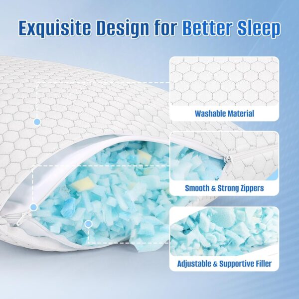 Shredded Memory Foam Pillow for Sleeping, Cooling Bed Pillows Set of 2, Adjustable Pillows for Side, Back, Stomach Sleepers with Washable Pillowcase (Queen Size, Grey)