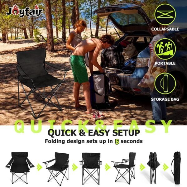 Joyfair Portable Camping Chair, Large Outdoor Folding Chair for Adults, 600D Oxford Fabric Sturdy Foldable Chair for Beach, Fishing, Picnic Lawn and More Outdoor Sports, Carry Bag & Cup Holders, Black