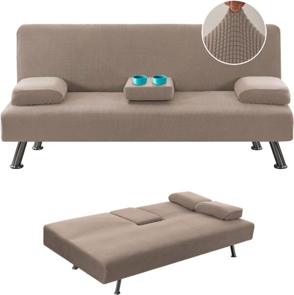 4 Pieces Stretch Futon Covers Sofa Bed Slipcover with Removable Armrests and Cupholders Covers Furniture Protector High Spandex Small Checks Jacquard Fabric, Natural