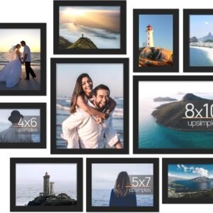 upsimples 10 Pack Picture Frames Collage Wall Decor with Glass, Gallery Wall Frame Set for Wall Mounting or Tabletop Display, Multi Sizes Including 8x10, 5x7, 4x6 Family Photo Frames, Black
