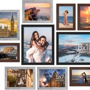 upsimples 10 Pack Picture Frames Collage Wall Decor with Glass, Gallery Wall Frame Set for Wall Mounting or Tabletop Display, Multi Sizes Including 8x10, 5x7, 4x6 Family Photo Frames, Black
