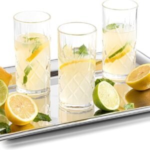 Royalty Art Kinsley Tall Highball Glasses Set of 8, 12 Ounce Cups, Textured Designer Glassware for Drinking Water, Beer, or Soda, Trendy and Elegant Dishware, Dishwasher Safe (Hiball)