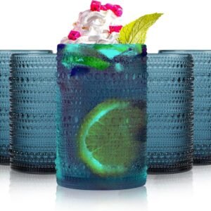 Highball Hobnail Drinking Glasses Set of 6,14 oz Vintage Glasses Drinking set,Glassware Set for Beer, Whiskey, Juice, Cocktail, Milk，Dishwasher Safe，Gift box packaging（Dark blue）