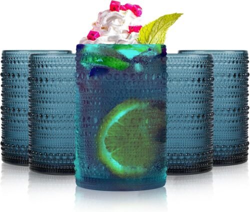 816kM8OEQKL._AC_SL1500.jpg Highball Hobnail Drinking Glasses Set of 6,14 oz Vintage Glasses Drinking set,Glassware Set for Beer, Whiskey, Juice, Cocktail, Milk,Dishwasher Safe,Gift box packaging(Dark blue)