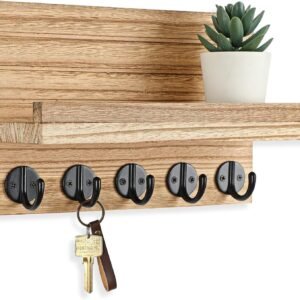 Key Holder for Wall, Decorative Key and Mail Holder with Shelf Has Large Hooks for Bags, Coats, Umbrella – Paulownia Wood Key Hanger with Mounting Hardware (9.8”W x 6.7”H x 4.2”D)
