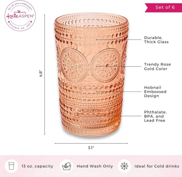 Kate Aspen Hobnail Beaded Floral Rose Gold Drinking Glasses Set of 6, (13 oz) Vintage Glassware Set Cocktail Glass Set, Juice Glass, Water Cups | Great Hostess Gift & Gift for New Home Owners