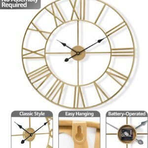 Sorbus Large Wall Clock for Living Room Decor, (40CM) 16 Inch Wall Clock Decorative, Metal Analog Roman Numeral Wall Clock Modern Wall Clocks - Large Clock Home Decor (Gold)