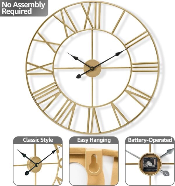Sorbus Large Wall Clock for Living Room Decor, (40CM) 16 Inch Wall Clock Decorative, Metal Analog Roman Numeral Wall Clock Modern Wall Clocks - Large Clock Home Decor (Gold)