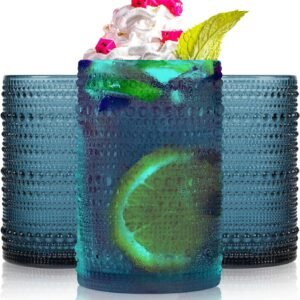 Highball Hobnail Drinking Glasses Set of 6,14 oz Vintage Glasses Drinking set,Glassware Set for Beer, Whiskey, Juice, Cocktail, Milk，Dishwasher Safe，Gift box packaging（Dark blue）