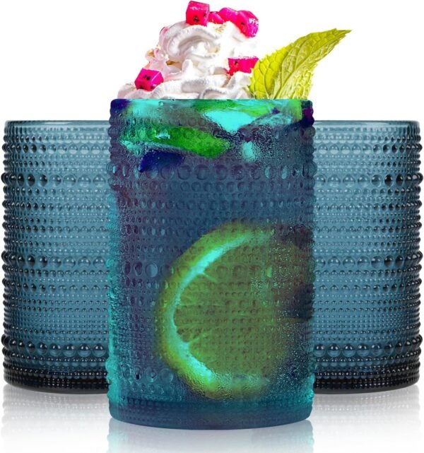 Highball Hobnail Drinking Glasses Set of 6,14 oz Vintage Glasses Drinking set,Glassware Set for Beer, Whiskey, Juice, Cocktail, Milk，Dishwasher Safe，Gift box packaging（Dark blue）