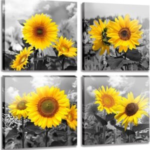 MESESE Wall Art Decor - 4 Panels Sunflower Canvas Wall Art Giclee Modern Home Decoration Watercolor Poster Canvas Picture for Living Room Ready to Hang