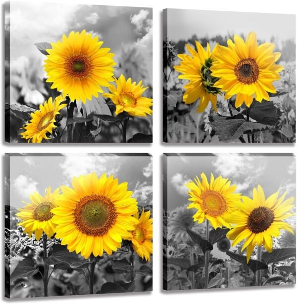 MESESE Wall Art Decor - 4 Panels Sunflower Canvas Wall Art Giclee Modern Home Decoration Watercolor Poster Canvas Picture for Living Room Ready to Hang