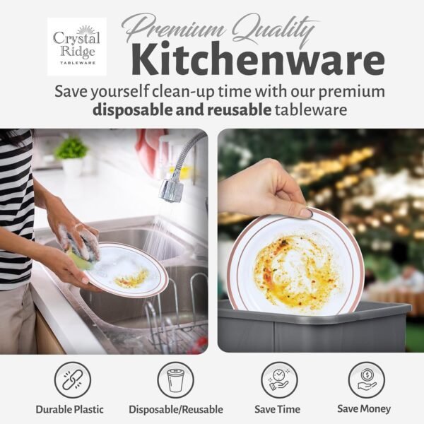 81B9tRPysjL._AC_SL1500.jpg 60-Piece Plastic Plates Set Premium 30 Dinner Plates & 30 Salad Plates Pack, Disposable Plates for Party - White Plastic Wedding Plates with Rose Gold Rim