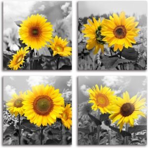 MESESE Wall Art Decor - 4 Panels Sunflower Canvas Wall Art Giclee Modern Home Decoration Watercolor Poster Canvas Picture for Living Room Ready to Hang