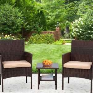 3 Piece Furniture Patio Chairs Wicker Outdoor Rattan Conversation Bistro Set for Backyard Porch Poolside Lawn (Brown)
