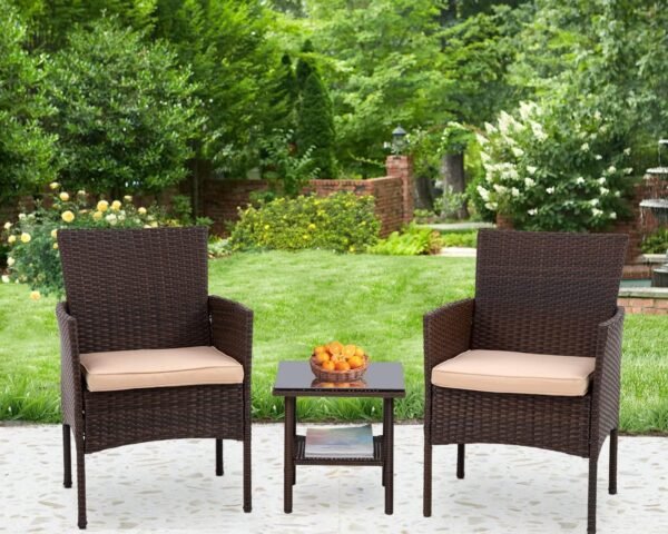 3 Piece Furniture Patio Chairs Wicker Outdoor Rattan Conversation Bistro Set for Backyard Porch Poolside Lawn (Brown)