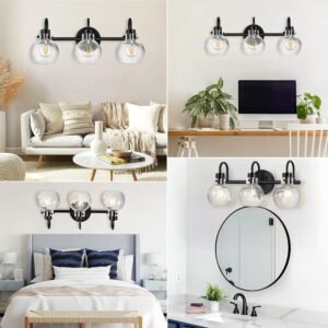 81K3lYcKobL._AC_SL1500.jpg Bathroom Light Fixtures, Black 3 Lights Vanity Light, Farmhouse Wall Sconces with Globe Glass Shade, Porch Wall Mount Lamp for Mirror, Kitchen, Porch Living Room Workshop (E26 Base)