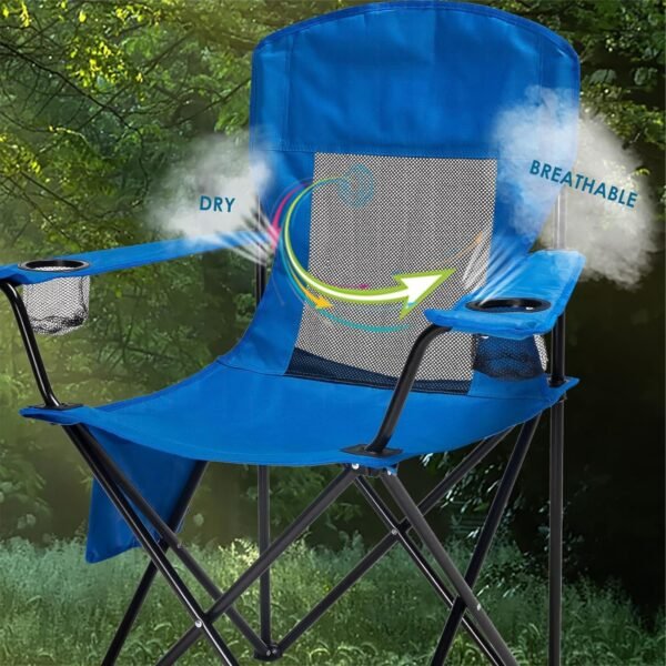 Portable Camping Chair Folding Quad Outdoor Lawn Chairs Cooling Mesh Back, Adjustable Arm Height, 2 Cup Holder, Side Pocket for Concert, Carry Bag for Sports Support 300lbs(Blue Mesh)