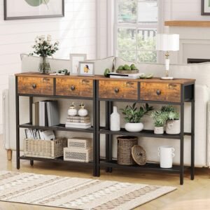 81LM544c5HL._AC_SL1500.jpg 29.5" Narrow Console Table with 2 Fabric Drawers, Small Entryway Table with 3-Tier Storage Shelves, Thin Sofa Table, Side Table, for Living Room, Hallway, Rustic Brown and Black BF72XG01