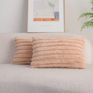 Pack of 2,Double-Sided Faux Fur Plush Decorative Throw Pillow Covers Fuzzy Striped Soft Pillowcase Cushion Covers for Sofa Couch Bedroom White 24x24 inch