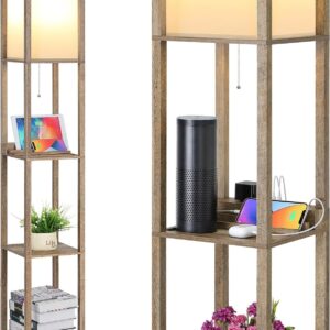 SHINE HAI 3-in-1 Shelf Floor Lamp with 1 USB&Type C&1 AC Outlet, 3-Tiered LED Shelf Lamp, Shelf & Storage Floor Lamp Combination Modern Standing Light