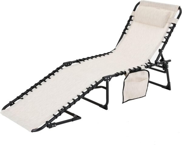 81LUqLP2stL._AC_SL1500.jpg Outdoor Foldable Chaise Lounge Chair with Detachable Pillow & Pocket, Portable Tanning Chair with 4 Position Adjustable Back, Patio, Beach and Pool, Grey