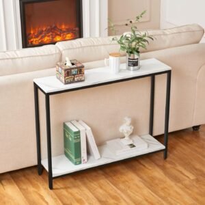 Console Table for Entryway, Faux Marble MDF Sofa Table with Golden Frame (Single Layer, White Marble)