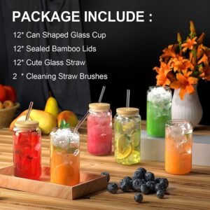 12pcs Glass Cups with Bamboo Lids and Glass Straws Set-16oz Can Shaped Drinking Glasses, Beer Glasses, Iced Coffee Glasses, Cute Tumbler Cup, Ideal for Whiskey,Cocktail,Wine,Gift-2 Cleaning Brushes