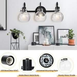 81NehzQNiDL._AC_SL1500.jpg Bathroom Light Fixtures, Black 3 Lights Vanity Light, Farmhouse Wall Sconces with Globe Glass Shade, Porch Wall Mount Lamp for Mirror, Kitchen, Porch Living Room Workshop (E26 Base)