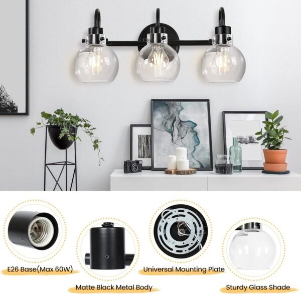 81NehzQNiDL._AC_SL1500.jpg Bathroom Light Fixtures, Black 3 Lights Vanity Light, Farmhouse Wall Sconces with Globe Glass Shade, Porch Wall Mount Lamp for Mirror, Kitchen, Porch Living Room Workshop (E26 Base)