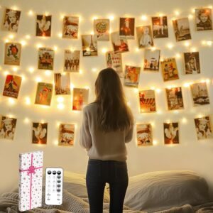 81NkIM-ff5L._AC_SL1500.jpg 120 LED Photo Clips String Light with Remote, 40FT Fairy Lights with 52 Clear Picture Clips, Timer & 8 Modes USB Powered Copper Wire Lights for Dorm, Bedroom, Christmas, Party (Warm White)