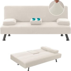 4 Pieces Stretch Futon Covers Sofa Bed Slipcover with Removable Armrests and Cupholders Covers Furniture Protector High Spandex Small Checks Jacquard Fabric, Natural