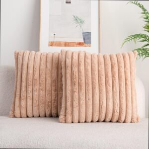 Pack of 2,Double-Sided Faux Fur Plush Decorative Throw Pillow Covers Fuzzy Striped Soft Pillowcase Cushion Covers for Sofa Couch Bedroom White 24x24 inch