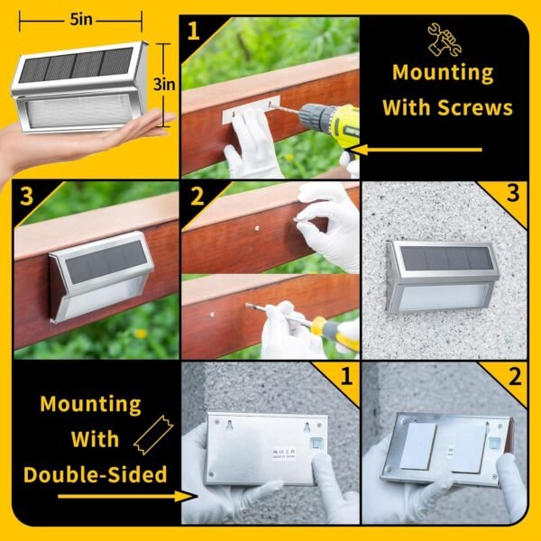 ROSHWEY Solar Fence Lights Outdoor Waterproof, 6 Pack Solar Deck Post Lights Solar Powered Outside Lights Dusk to Dawn Led Steps Lamps for Stairs Garden Patio Yard Railing Decoration Lighting