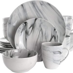 Elama Fine Round Gloss Dinnerware Dish Set, 16 Piece, Black and White Marble