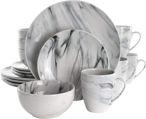 Elama Fine Round Gloss Dinnerware Dish Set, 16 Piece, Black and White Marble
