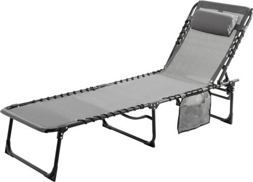 Outdoor Foldable Chaise Lounge Chair with Detachable Pillow & Pocket, Portable Tanning Chair with 4 Position Adjustable Back, Patio, Beach and Pool, Grey