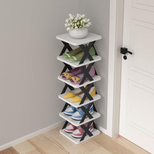 81XHUbYbddL._AC_SL1500.jpg 6 Tier Narrow Shoe Rack, Small Stackable Shoe Stand, Space Saving Furniture Shoe Storage Organizer for Entryway, Closet, Vertical Shoe Tower Rack