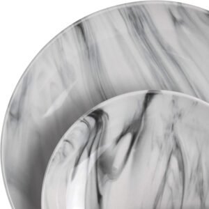 Elama Fine Round Gloss Dinnerware Dish Set, 16 Piece, Black and White Marble