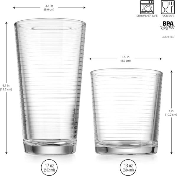 Glaver's Drinking Glasses 16 Piece Set, 8-17 Oz. Highball Glasses, 8-13 Oz. Whiskey Rocks, Ideal for Water, Juice, Cocktails, and Iced Tea. Dishwasher safe
