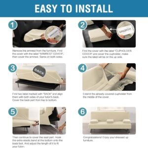 4 Pieces Stretch Futon Covers Sofa Bed Slipcover with Removable Armrests and Cupholders Covers Furniture Protector High Spandex Small Checks Jacquard Fabric, Natural