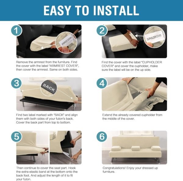 4 Pieces Stretch Futon Covers Sofa Bed Slipcover with Removable Armrests and Cupholders Covers Furniture Protector High Spandex Small Checks Jacquard Fabric, Natural