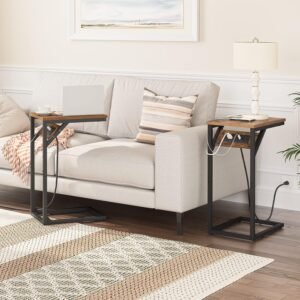 81cJb1YffCL._AC_SL1500.jpg HOOBRO C Shaped End Table with Charging Station, Retro Sofa Couch Side Table, Narrow Nightstand for Small Space, Living Room, Bedroom, Rustic Brown and Black BF07USF01