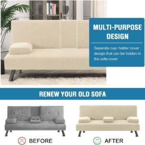 4 Pieces Stretch Futon Covers Sofa Bed Slipcover with Removable Armrests and Cupholders Covers Furniture Protector High Spandex Small Checks Jacquard Fabric, Natural