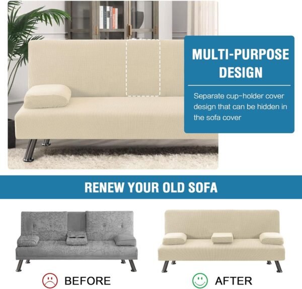 4 Pieces Stretch Futon Covers Sofa Bed Slipcover with Removable Armrests and Cupholders Covers Furniture Protector High Spandex Small Checks Jacquard Fabric, Natural