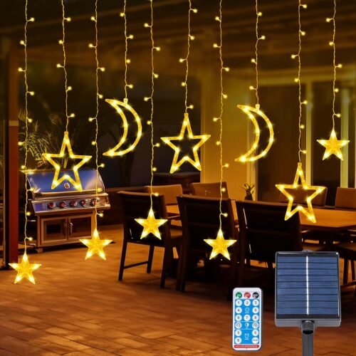 81cf5L4ASLL._AC_SL1500.jpg Solar Curtain Lights 138*LEDs, Star Moon Ramadan String Lights with 8 Lighting Mode, Timmer Setting, Ramadan Decorations, Waterproof Solar Powered Twinkle Hanging Fairy Lights for Outdoor