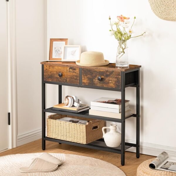 81es-8tLvjL._AC_SL1500.jpg 29.5" Narrow Console Table with 2 Fabric Drawers, Small Entryway Table with 3-Tier Storage Shelves, Thin Sofa Table, Side Table, for Living Room, Hallway, Rustic Brown and Black BF72XG01