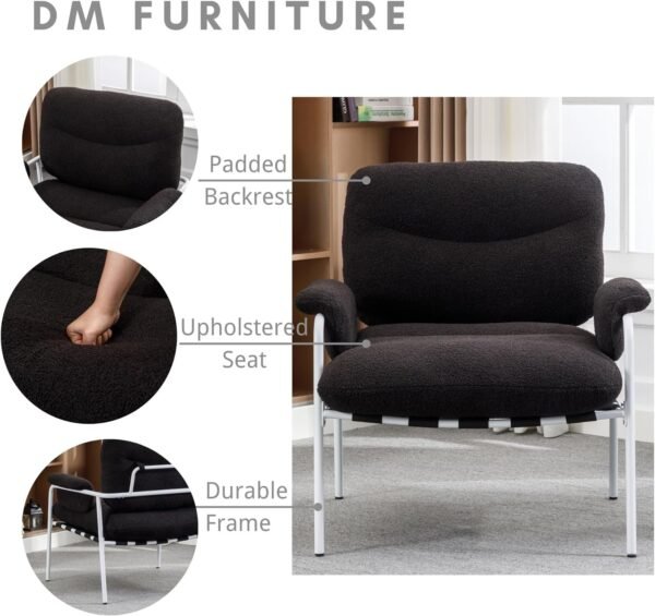 Black Sherpa Accent Chair Mid Century Modern Living Room Chairs with Metal Legs Comfy Upholstered Reading Single Wide Armchair for Living Room/Bedroom/Guest Room/Lounge