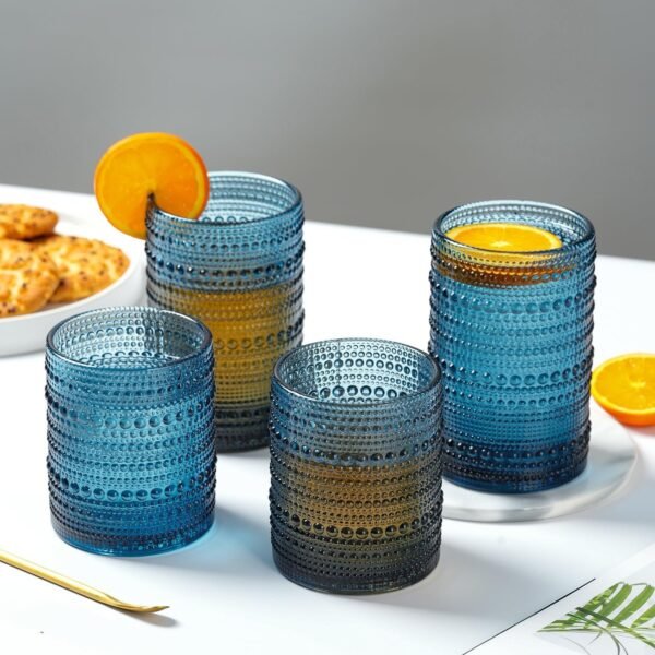 Highball Hobnail Drinking Glasses Set of 6,14 oz Vintage Glasses Drinking set,Glassware Set for Beer, Whiskey, Juice, Cocktail, Milk，Dishwasher Safe，Gift box packaging（Dark blue）