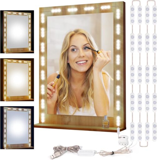LPHUMEX LED Vanity Lights for Mirror, 20 * 3 LEDs 10ft Hollywood Style Mirror Lights Stick on for Makeup Vanity, 3 Color Dimmable Makeup Lights for Mirror, Mirror Not Included